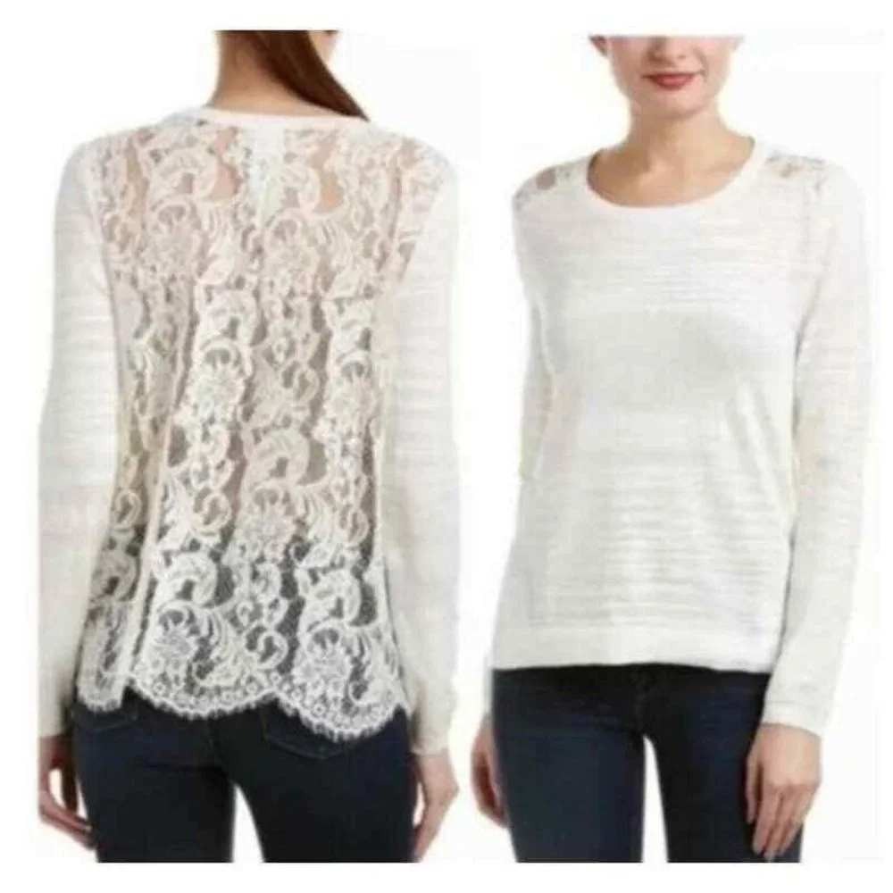 Cabi Sophia Lace Back Sweater Womens Medium White Long Sleeve Pullover 5005